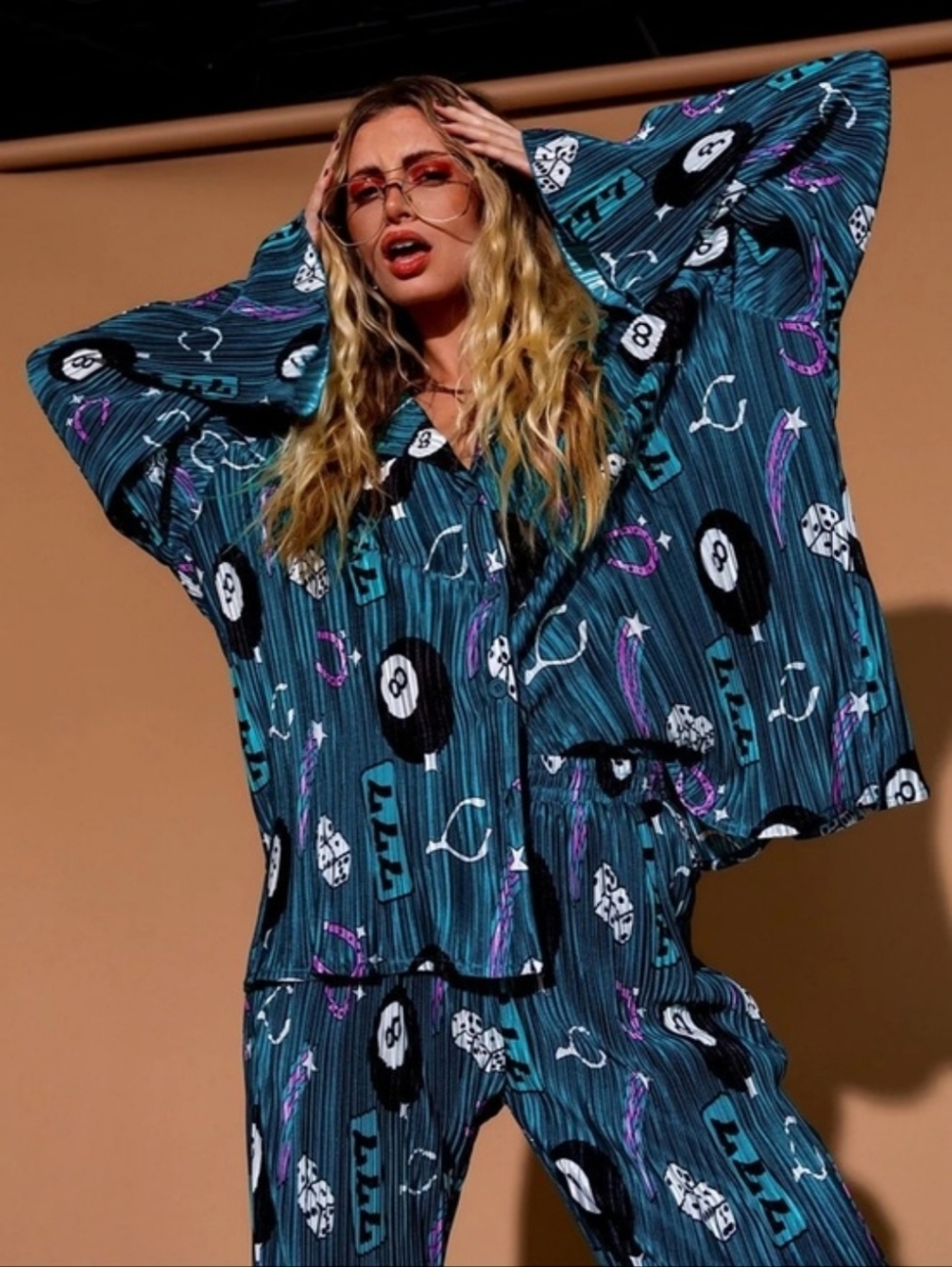 Dressed In LALA Teal Vegas Lucky Make A Wish Pleated Longsleeve Plisse Set